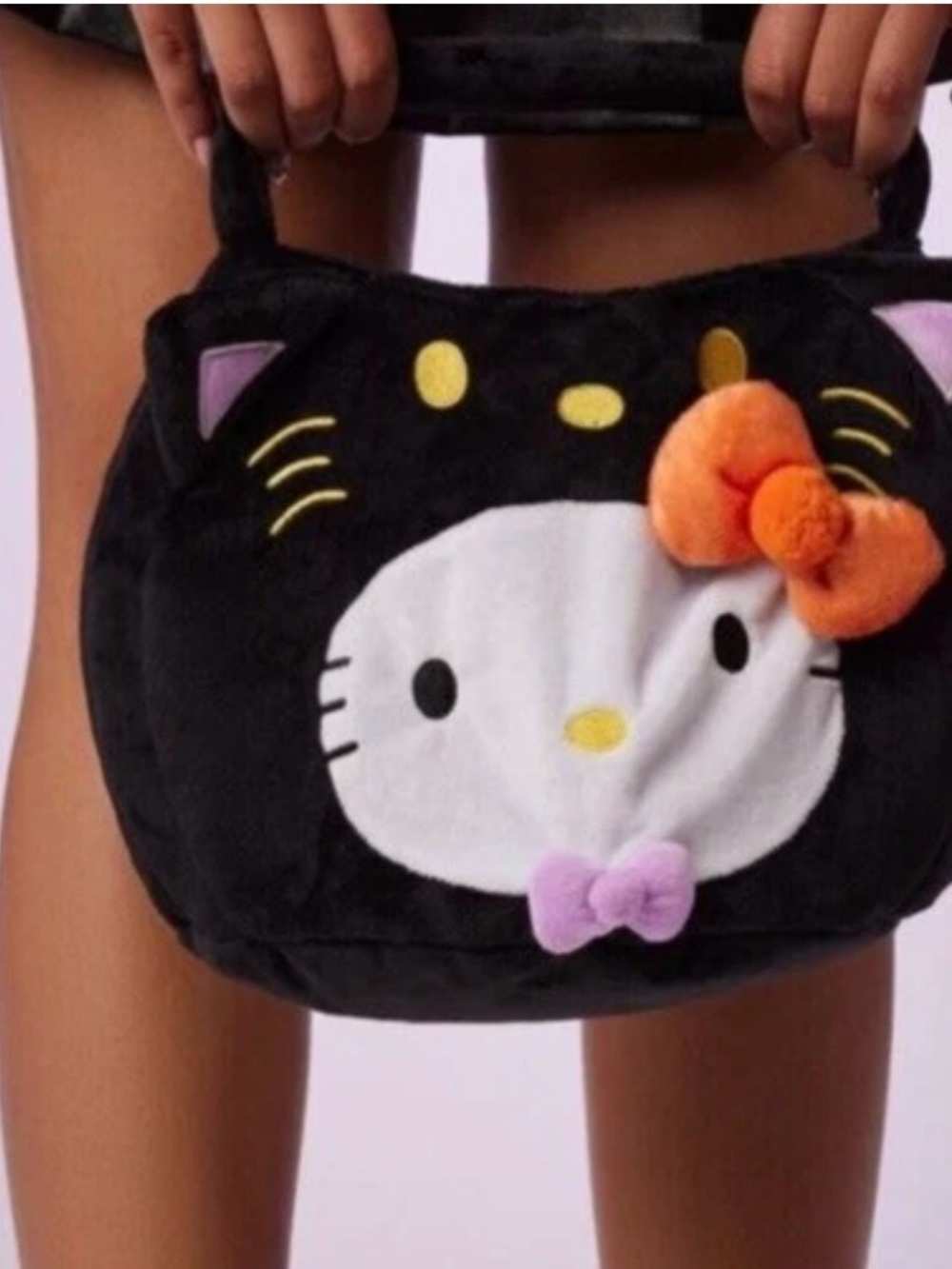 Hello Kitty Black Plush Mini Tote with Orange Bow and Lavender Accent - Picture 2 of 4